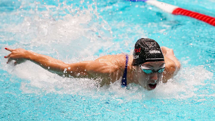 Jun 5, 2025; Indianapolis, Indiana, UNITED STATES; Gretchen Walsh swims in the women’s 100 meter butterfly at the Toyota National Championships swimming meet at Indiana University Natatorium. Mandatory Credit: Robert Goddin-Imagn Images