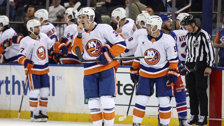 Sep 22, 2026; New York, New York, USA;  New York Islanders center Kyle MacLean (32) circles back to center ice after scoring in the second period against the New York Rangers at Madison Square Garden.  Mandatory Credit: Wendell Cruz-Imagn Images