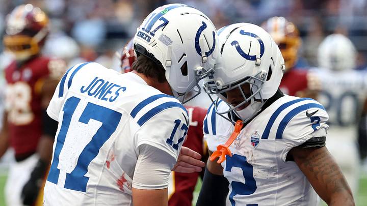 Oct 4, 2026; Tottenham, ENG; Indianapolis Colts quarterback Daniel Jones (17) celebrates with wide receiver Josh Downs (2) after a touchdown against the Washington Commanders during the fourth quarter at Tottenham Hotspur Stadium. Mandatory Credit: Geoff Burke-Imagn Images Oct 4, 2026; Tottenham, ENG; Indianapolis Colts quarterback Daniel Jones (17) celebrates with wide receiver Josh Downs (2) after a touchdown against the Washington Commanders during the fourth quarter at Tottenham Hotspur Stadium. Mandatory Credit: Geoff Burke-Imagn Images