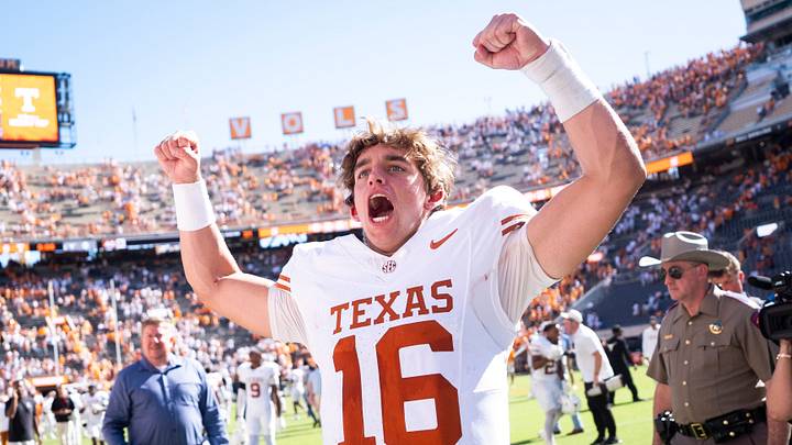 Sep 26, 2026; Knoxville, Tennessee, USA; Texas quarterback Arch Manning (16) celebrates after a college football game between Tennessee and Texas at Neyland Stadium in Knoxville, Tenn. on Sept. 26, 2026. Mandatory Credit: Brianna Paciorka-USA TODAY Network via Imagn Images Sep 26, 2026; Knoxville, Tennessee, USA; Texas quarterback Arch Manning (16) celebrates after a college football game between Tennessee and Texas at Neyland Stadium in Knoxville, Tenn. on Sept. 26, 2026. Mandatory Credit: Brianna Paciorka-USA TODAY Network via Imagn Images
