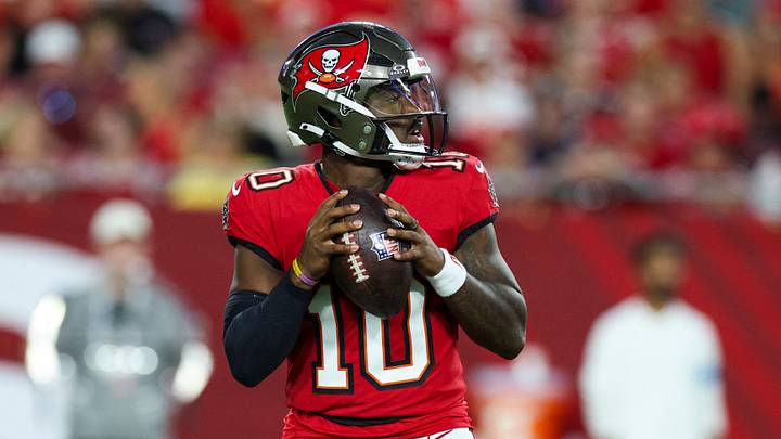 Aug 22, 2026; Tampa, Florida, USA; Tampa Bay Buccaneers quarterback Jalon Daniels (10) drops back to pass against the Kansas City Chiefs in the first quarter during a preseason game at Raymond James Stadium. Mandatory Credit: Nathan Ray Seebeck-Imagn Images