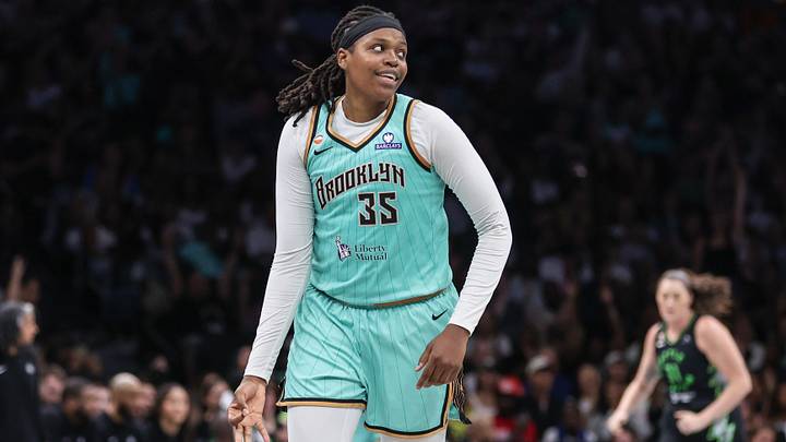 Aug 5, 2026; Brooklyn, New York, USA; New York Liberty center Jonquel Jones (35) getures after making a three point shot in the fourth quarter against the Seattle Storm at Barclays Center. Mandatory Credit: Wendell Cruz-Imagn Images Aug 5, 2026; Brooklyn, New York, USA; New York Liberty center Jonquel Jones (35) getures after making a three point shot in the fourth quarter against the Seattle Storm at Barclays Center. Mandatory Credit: Wendell Cruz-Imagn Images
