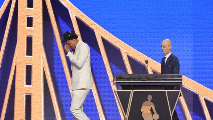 Jun 23, 2026; New York, NY, USA; NBA commissioner Adam Silver greets the eleventh pick in the 2026 NBA draft, Michigan forward Yaxel Lendeborg after he was selected by the Golden State Warriors at Barclays Center. Mandatory Credit: Brad Penner-Imagn Images