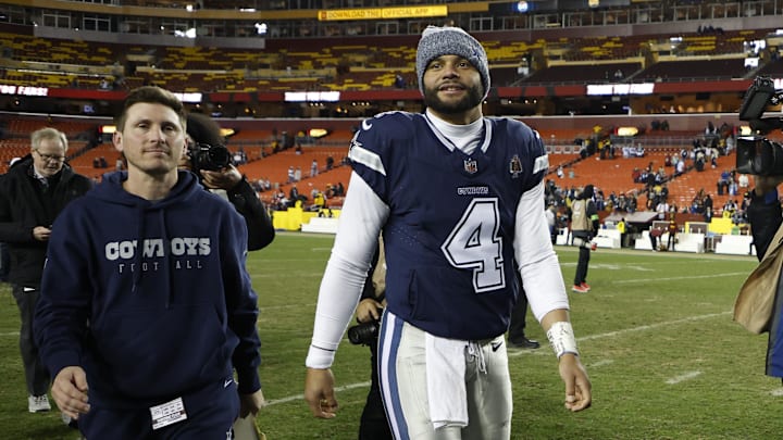 Jan 7, 2024; Landover, Maryland, USA; Dallas Cowboys quarterback Dak Prescott (4) smiles while