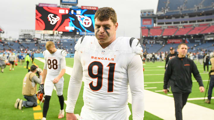 Dec 15, 2024; Nashville, Tennessee, USA;  Cincinnati Bengals defensive end Trey Hendrickson (91) exhales as he leaves the field against the Tennessee Titans post game at Nissan Stadium. Mandatory Credit: Steve Roberts-Imagn Images