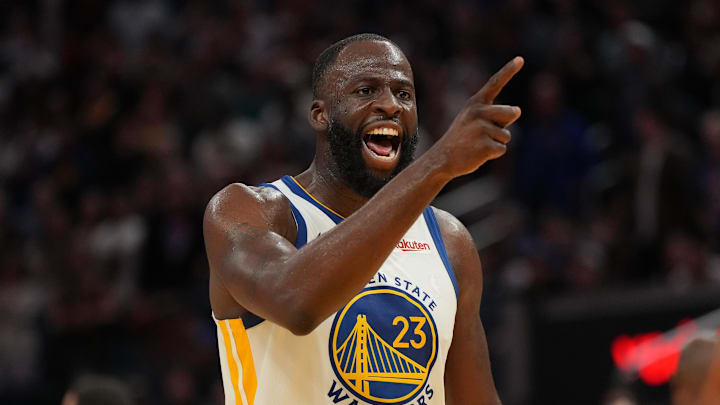 Apr 5, 2026; San Francisco, California, USA; Golden State Warriors forward Draymond Green (23) reacts after being called for a foul against the Houston Rockets in the fourth quarter at the Chase Center.