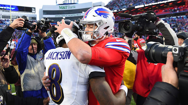 Dec 8, 2019; Orchard Park, NY, USA; Baltimore Ravens quarterback Lamar Jackson (8) greets Buffalo Bills quarterback Josh Allen (17) following the game at New Era Field. Mandatory Credit: Rich Barnes-Imagn Images
