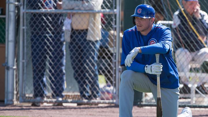 February 25, 2015; Mesa, AZ, USA; Chicago Cubs center fielder Ryan Sweeney (6) waits outside the batting cage during a spring training workout at Sloan Park. Mandatory Credit: Kyle Terada-Imagn Images