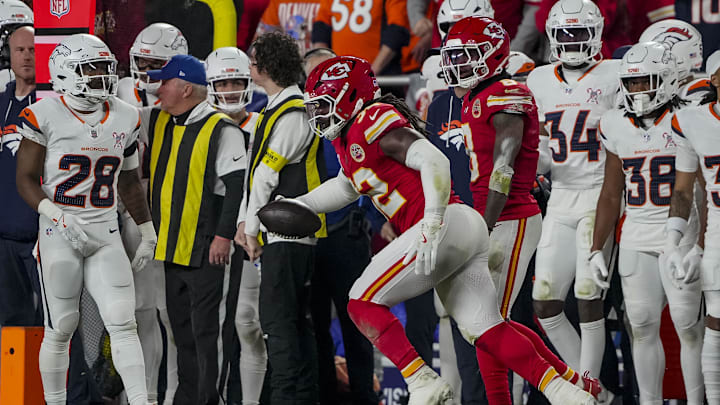 Dec 25, 2025; Kansas City, Missouri, USA; Kansas City Chiefs linebacker Nick Bolton (32) runs the ball after interception during the first quarter at GEHA Field at Arrowhead Stadium. Mandatory Credit: Denny Medley-Imagn Images