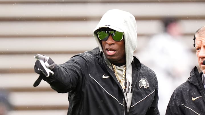 Apr 27, 2024; Boulder, CO, USA; Colorado Buffaloes head coach Deion Sanders during a spring game event at Folsom Field. Mandatory Credit: Ron Chenoy-Imagn Images