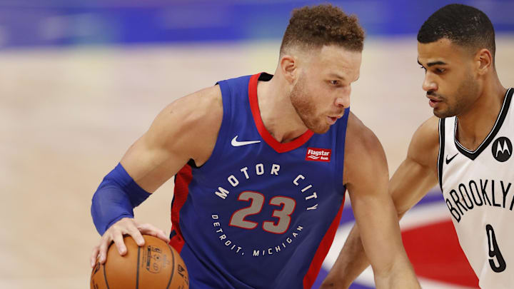 Feb 9, 2021; Detroit, Michigan, USA; Detroit Pistons forward Blake Griffin (23) dribbles the ball