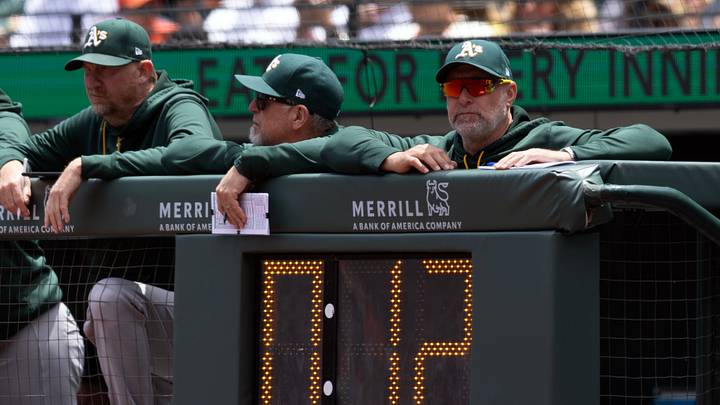 Jun 25, 2026; San Francisco, California, USA; Athletics manager Mark Kotsay (right) watches his team take on the San Francisco Giants during the third inning at Oracle Park. Mandatory Credit: D. Ross Cameron-Imagn Images Jun 25, 2026; San Francisco, California, USA; Athletics manager Mark Kotsay (right) watches his team take on the San Francisco Giants during the third inning at Oracle Park. Mandatory Credit: D. Ross Cameron-Imagn Images