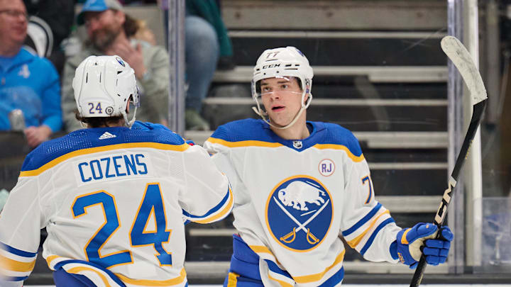 Jan 27, 2024; San Jose, California, USA; Buffalo Sabres right wing JJ Peterka (77) celebrates with