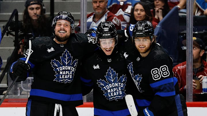 Feb 24, 2024; Denver, Colorado, USA; Toronto Maple Leafs left wing Tyler Bertuzzi (59) celebrates
