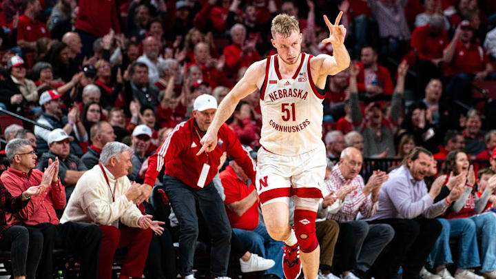 Nebraska Cornhuskers forward Rienk Mast (51) celebrates after a 3-point shot against the Ohio State Buckeyes during the second half at Pinnacle Bank Arena. 