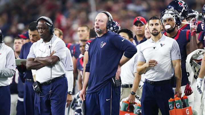 Aug 22, 2015; Houston, TX, USA; Houston Texans offensive coordinator George Godsey on the sideline during the game against the Denver Broncos at NRG Stadium. Mandatory Credit: Troy Taormina-Imagn Images Aug 22, 2015; Houston, TX, USA; Houston Texans offensive coordinator George Godsey on the sideline during the game against the Denver Broncos at NRG Stadium. Mandatory Credit: Troy Taormina-Imagn Images