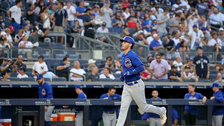 Chicago Cubs center fielder Cody Bellinger rounds the bases after hitting a solo home run against the New York Yankees during the third inning at Yankee Stadium on July 7, 2023. 