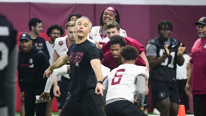 Florida State football football head coach Mike Norvell coaches players up during the final Tour of