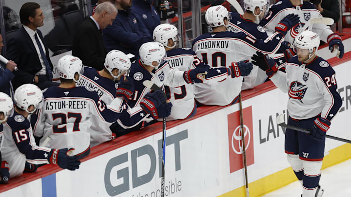 Oct 4, 2025; Washington, District of Columbia, USA; Columbus Blue Jackets right wing Mathieu Olivier (24) celebrates with teammates after scoring a goal against the Washington Capitals in the third period at Capital One Arena. Mandatory Credit: Geoff Burke-Imagn Images