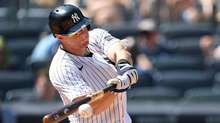New York Yankees second base DJ LeMahieu (26) singles during the eighth inning against the Athletics at Yankee Stadium on June 28. 