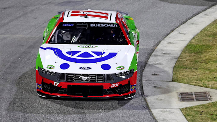 Feb 2, 2025; WInston-Salem, North Carolina, USA; NASCAR Cup Series driver Chris Buescher (17) during the Clash at Bowman Gray at Bowman Gray Stadium. Mandatory Credit: Peter Casey-Imagn Images