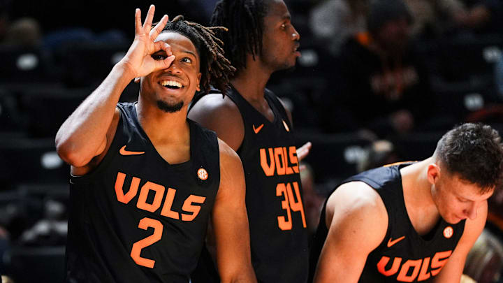 Tennessee guard Chaz Lanier (2) celebrates a three-pointer by a teammate during a college basketball game between Tennessee and Syracuse held at Thompson-Boling Arena at Food City Center in Knoxville, Tenn., on Tuesday, Dec. 3, 2024.