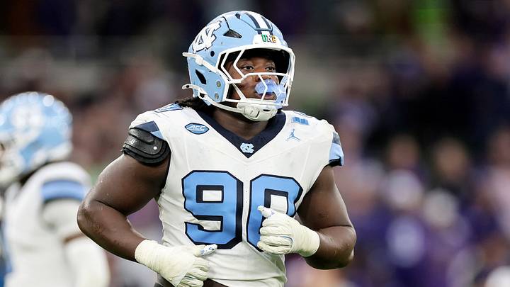 Aug 29, 2026; Dublin, Co. Dublin, IRL; North Carolina Tar Heels defensive lineman Xavier Lewis (90) against the TCU Horned Frogs in the second half at Aviva Stadium. Mandatory Credit: Laszlo Geczo-Imagn Images