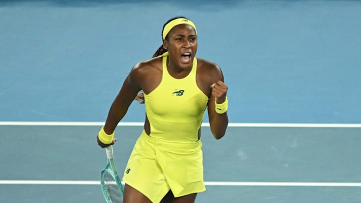 Coco Gauff of USA celebrates before winning her round 2 match against Jodie Burrage of Great Britain during the 2025 Australian Open at Melbourne Park in Melbourne, Wednesday, January 15, 2025. Coco Gauff of USA celebrates before winning her round 2 match against Jodie Burrage of Great Britain during the 2025 Australian Open at Melbourne Park in Melbourne, Wednesday, January 15, 2025.