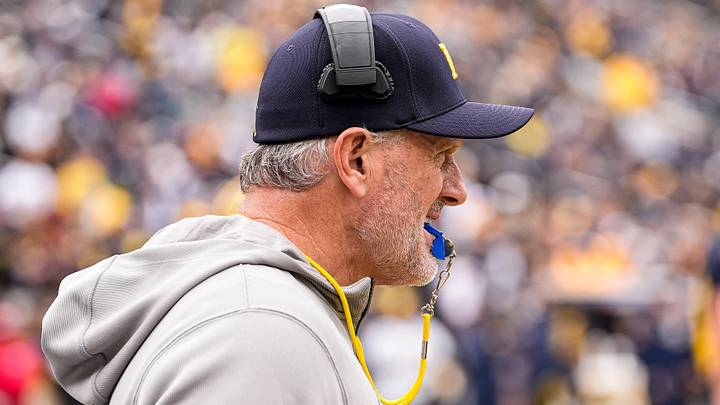 Michigan head coach Kyle Whittingham watches a play during the spring game at Michigan Stadium in Ann Arbor on Saturday, April 18, 2026.