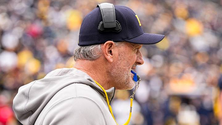 Michigan head coach Kyle Whittingham watches a play during the spring game at Michigan Stadium in Ann Arbor on Saturday, April 18, 2026.