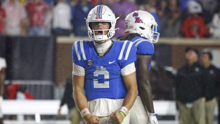 Nov 9, 2024; Oxford, Mississippi, USA; Mississippi Rebels quarterback Jaxson Dart (2) reacts during the second half  against the Georgia Bulldogs at Vaught-Hemingway Stadium. Mandatory Credit: Petre Thomas-Imagn Images