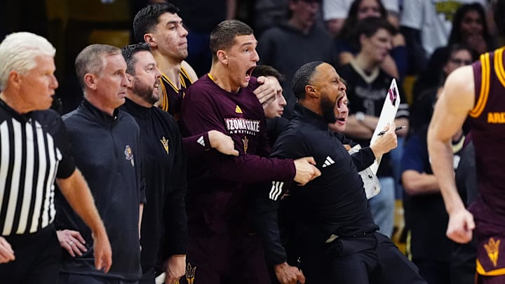 Feb 7, 2026; Boulder, Colorado, USA; Members of the Arizona State Sun Devils react in the second half against the Colorado Buffaloes at the CU Events Center. Mandatory Credit: Ron Chenoy-Imagn Images Feb 7, 2026; Boulder, Colorado, USA; Members of the Arizona State Sun Devils react in the second half against the Colorado Buffaloes at the CU Events Center. Mandatory Credit: Ron Chenoy-Imagn Images