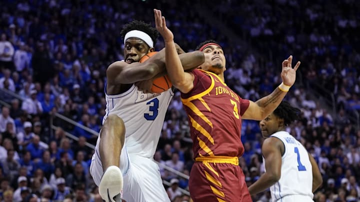 Feb 21, 2026; Provo, Utah, USA; BYU Cougars forward AJ Dybantsa (3) rebounds the ball during the second half against the Iowa State Cyclones at Marriott Center. Mandatory Credit: Aaron Baker-Imagn Images