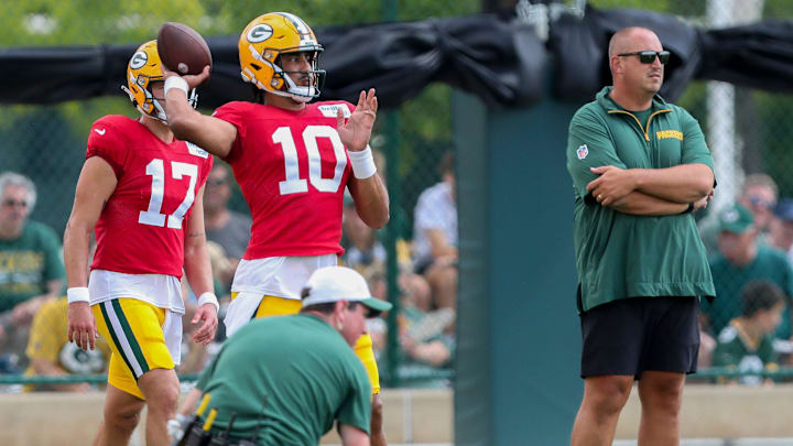 Green Bay Packers quarterback Jordan Love (10) passes the ball during the 12th practice of training camp on Tuesday, August 6, 2024, at Ray Nitschke Field in Ashwaubenon, Wis.