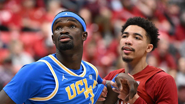 Mar 2, 2024; Pullman, Washington, USA; UCLA Bruins forward Adem Bona (3) fights for position against Washington State Cougars guard Myles Rice (2) in the first half at Friel Court at Beasley Coliseum. Mandatory Credit: James Snook-USA TODAY Sports