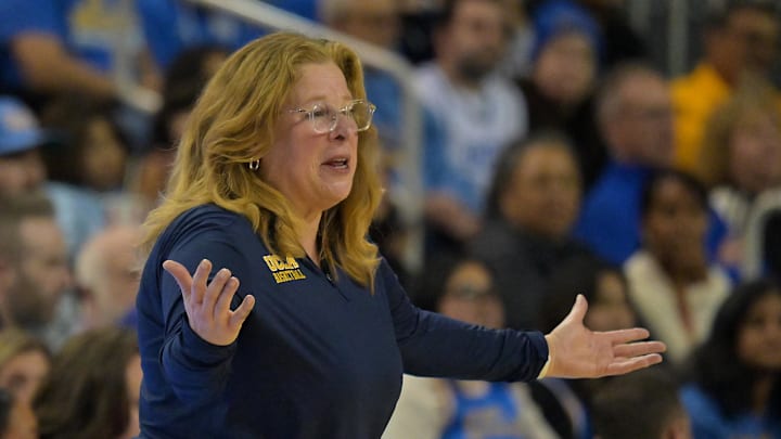 Jan 21, 2026; Los Angeles, California, USA;  UCLA Bruins head coach Cori Close reacts on the sidelines in the second half against the Purdue Boilermakers at Pauley Pavilion presented by Wescom Financial. Mandatory Credit: Jayne Kamin-Oncea-Imagn Images