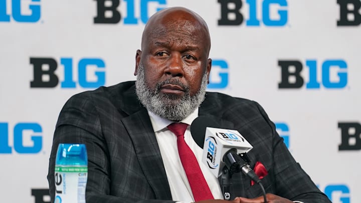 Jul 27, 2023; Indianapolis, IN, USA;  Maryland Terrapins head coach Michael Locksley speaks to the media during the Big 10 football media day at Lucas Oil Stadium. Mandatory Credit: Robert Goddin-Imagn Images