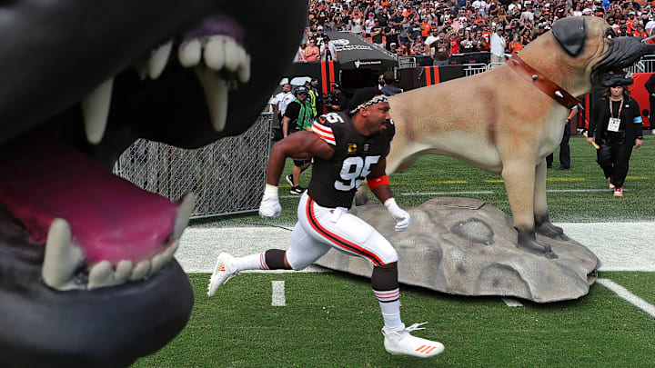 Cleveland Browns defensive end Myles Garrett (95) takes the field before an NFL football game at Huntington Bank Field, Sunday, Sept. 22, 2024, in Cleveland, Ohio.