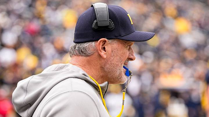 Michigan head coach Kyle Whittingham watches a play during the spring game at Michigan Stadium in Ann Arbor on Saturday, April 18, 2026.