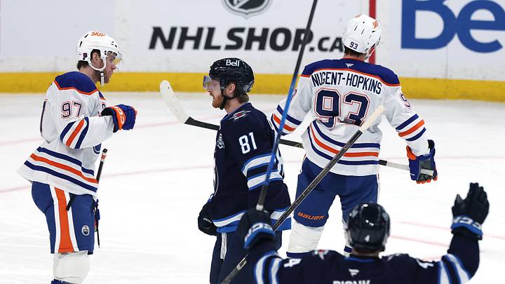 Jan 8, 2026; Winnipeg, Manitoba, CAN; Winnipeg Jets defenseman Neal Pionk (4) celebrates a goal by Winnipeg Jets left wing Kyle Connor (81) against the Edmonton Oilers in the first period at Canada Life Centre. Mandatory Credit: James Carey Lauder-Imagn Images Jan 8, 2026; Winnipeg, Manitoba, CAN; Winnipeg Jets defenseman Neal Pionk (4) celebrates a goal by Winnipeg Jets left wing Kyle Connor (81) against the Edmonton Oilers in the first period at Canada Life Centre. Mandatory Credit: James Carey Lauder-Imagn Images