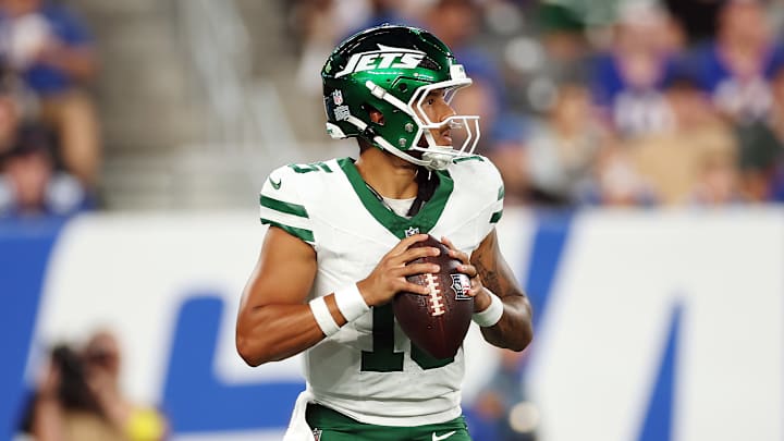 Quarterback Adrian Martinez during a 2025 NFL preseason matchup between the New York Jets and New York Giants
