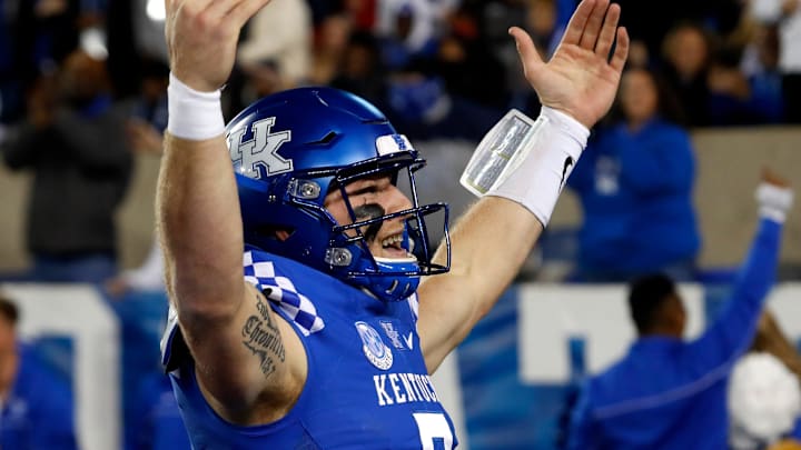 Kentucky's Will Levis celebrates a touchdown against Tennessee, Nov. 6, 2021.