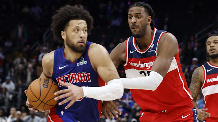 Nov 10, 2025; Detroit, Michigan, USA; Detroit Pistons guard Cade Cunningham (2) dribbles defended by Washington Wizards center Alex Sarr (20) in overtime at Little Caesars Arena. Mandatory Credit: Rick Osentoski-Imagn Images Nov 10, 2025; Detroit, Michigan, USA; Detroit Pistons guard Cade Cunningham (2) dribbles defended by Washington Wizards center Alex Sarr (20) in overtime at Little Caesars Arena. Mandatory Credit: Rick Osentoski-Imagn Images