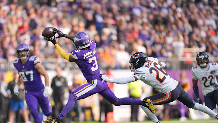 Nov 16, 2025; Minneapolis, Minnesota, USA; Minnesota Vikings wide receiver Jordan Addison (3) misses a catch while under pressure from Chicago Bears cornerback Nahshon Wright (26) during the first quarter at U.S. Bank Stadium. Mandatory Credit: Brad Rempel-Imagn Images
