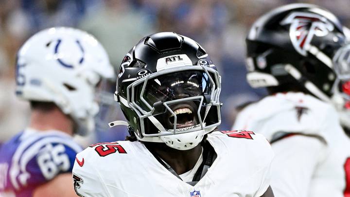 Aug 22, 2026; Indianapolis, Indiana, USA; Atlanta Falcons linebacker Christian Harris (45) celebrates after a play against the Indianapolis Colts during the second half at Lucas Oil Stadium. Mandatory Credit: Robert Goddin-Imagn Images