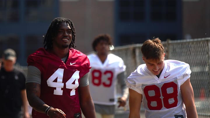 FSU football's Jaden Jones (left #44) and Camdon Friar (right #88) walks into the first spring practice of the spring season on Wednesday, March 19, 2025