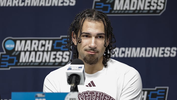 Mar 18, 2026; Oklahoma City, OK, USA; Texas A&M Aggies guard Pop Isaacs speaks to the media during a press conference ahead of the first round of the men's 2026 NCAA Tournament at Paycom Center. Mandatory Credit: Alonzo Adams-Imagn Images Mar 18, 2026; Oklahoma City, OK, USA; Texas A&M Aggies guard Pop Isaacs speaks to the media during a press conference ahead of the first round of the men's 2026 NCAA Tournament at Paycom Center. Mandatory Credit: Alonzo Adams-Imagn Images