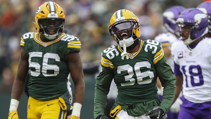 Nov 23, 2025; Green Bay, Wisconsin, USA; Green Bay Packers cornerback Kamal Hadden (36) celebrates after making a tackle Nov 23, 2025; Green Bay, Wisconsin, USA; Green Bay Packers cornerback Kamal Hadden (36) celebrates after making a tackle