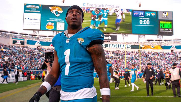 Jacksonville Jaguars running back Travis Etienne Jr. (1) walks off the field after losing to the Bills during an NFL football AFC Wild Card playoff matchup, Sunday, Jan. 11, 2026, in Jacksonville, Fla. Bills lead 10-7 at the half over the Jaguars. The Bills defeated the Jaguars 27-24. [Doug Engle/Florida Times-Union]