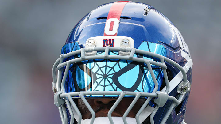 Aug 16, 2025; East Rutherford, New Jersey, USA; A view of the face shield and helmet of New York Giants linebacker Brian Burns. Aug 16, 2025; East Rutherford, New Jersey, USA; A view of the face shield and helmet of New York Giants linebacker Brian Burns.